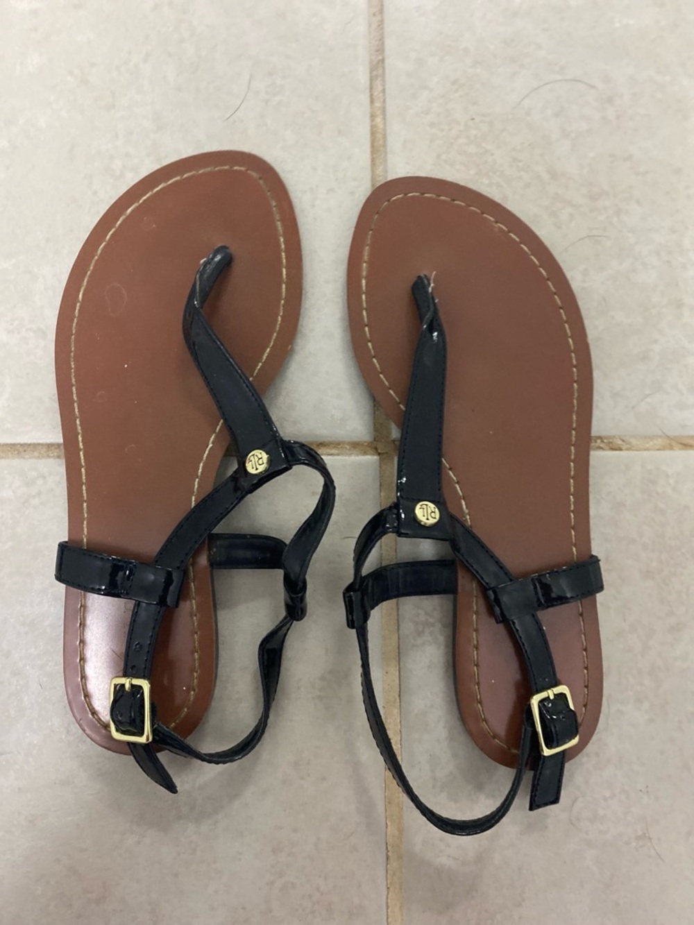 Ralph Lauren Black Patent Leather T-Strap Sandals with Brown Footbed